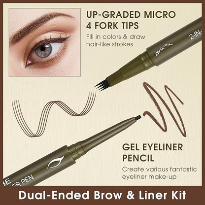 UCANBE Eyebrow Pen, Dual-Ended Eyebrow Pencil with 4-Fork-Tip & Gel Eyeliner for Women, Eye Brow Pen with Gel Eyeliner Pencil, Microblading Eyebrow Pencils with Hair Like Strokes, Light Brown