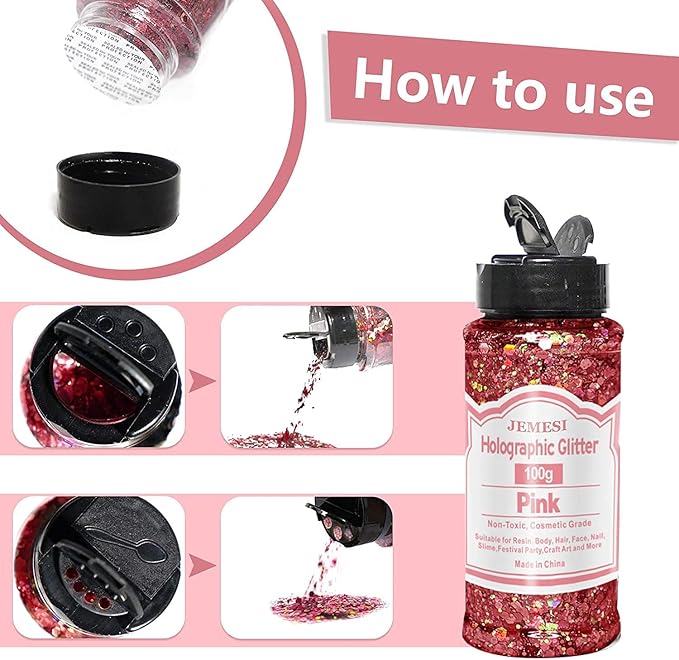 Holographic Chunky Glitter, 100g Pink Cosmetic Craft Glitter for Epoxy Resin, Nail Sequins Iridescent Flakes, Body, Face, Hair, Nail, Glitter Slime Making