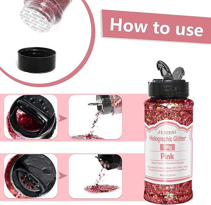 Holographic Chunky Glitter, 100g Pink Cosmetic Craft Glitter for Epoxy Resin, Nail Sequins Iridescent Flakes, Body, Face, Hair, Nail, Glitter Slime Making
