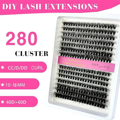 HBZGTLAD Fluffy Cluster Lashes 40D60D80D100D120D Natural Thick Eyelash Clusters D Curl Individual Lashes DIY Eyelashes Extension (14Rows 40P60P)