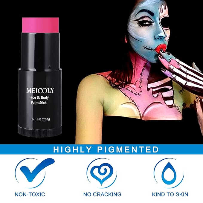 MEICOLY Pink Face Paint Stick(1.06Oz),Waterproof Sweatproof Pink Eye Black Softball/Baseball/Football,Cream Body Paint,Blendable Face Painting for Halloween Special Effects SFX Makeup