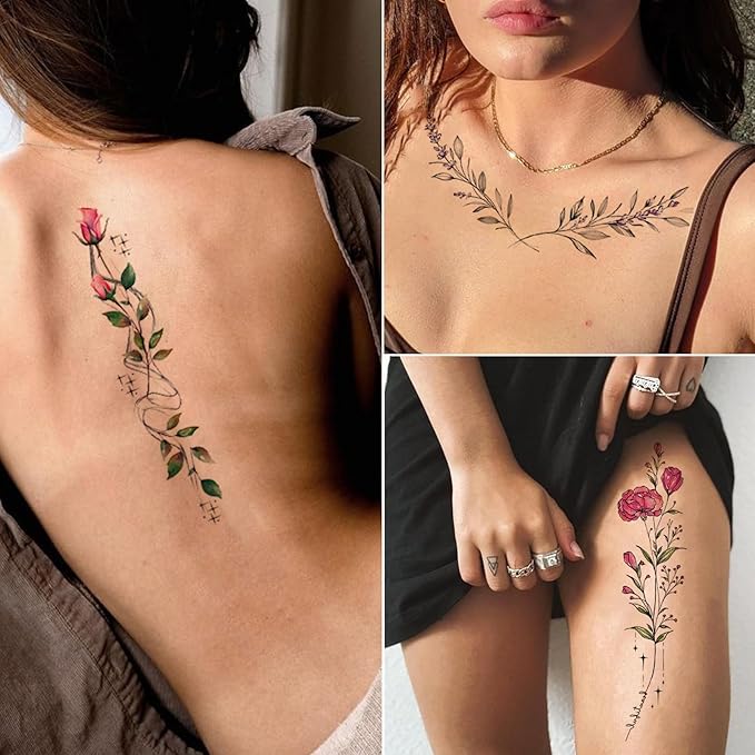 Tazimi Watercolor Temporary Tattoos For Women Girls-24 Sheets Colorful Flower Lavender Rose Vine Forget-me-not Plum Blossoms Wild flowers Realistic Waterproof Tattoo Stickers Body Art