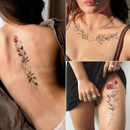 Tazimi Watercolor Temporary Tattoos For Women Girls-24 Sheets Colorful Flower Lavender Rose Vine Forget-me-not Plum Blossoms Wild flowers Realistic Waterproof Tattoo Stickers Body Art