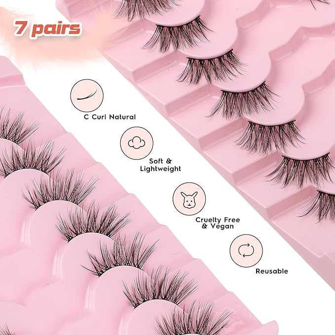 Half Lashes Cat Eye False Eyelashes Natural Look 14MM Natural Corner Lashes Wispy Half Eyelashes 3/4 Lash with Thin Cotton Band C Curl Soft Eyelash Siligli 7 Pair