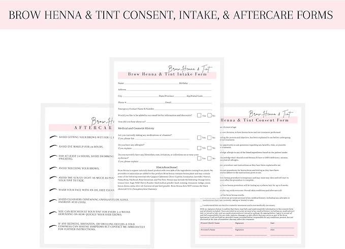 Brow Henna and Tint Intake Forms, Consent, and Aftercare Instruction Cards | 75 pk, 25 of Each | for Client Signature Medical History Information 8.5x11” A1