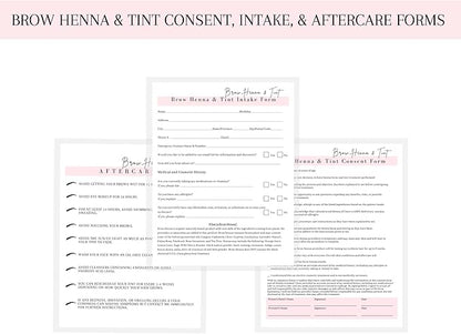Brow Henna and Tint Intake Forms, Consent, and Aftercare Instruction Cards | 75 pk, 25 of Each | for Client Signature Medical History Information 8.5x11” A1