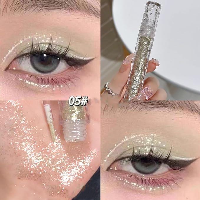 6pcs Liquid Glitter Eyeshadow Set, Shimmer Eye Make Up for Korean Crystals Makeup, Quick Drying, Pigmented and Long Lasting Eyeshadow Eye Liner, Silver Pink Gold Crystals Eye Glitter Makeup