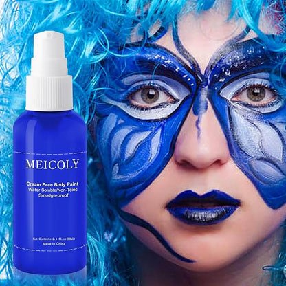 MEICOLY Cream Royal Blue Face Body Paint,2.1Oz Smudge-Proof Navy Blue Face Paint,Water Based Washable Full Body Paint for Adults and Kids,Dark Blue Halloween SFX Avatar Smurf Mystique Special Effects