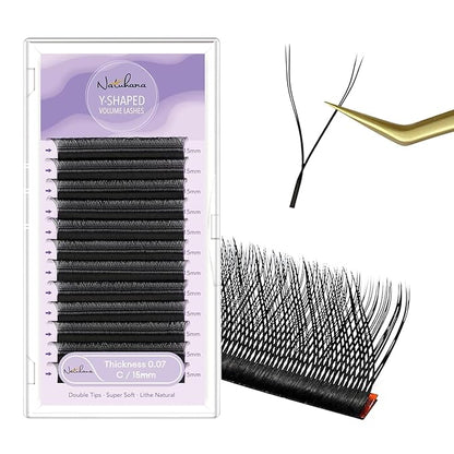 YY Eyelash Extension 0.07mm C Curl 15mm Tray Lash Supplies Premade Fans Y Shape Volume Lash 12 Rows Premium Faux Mink Lash Extensions (15mm, Black;0.07C)
