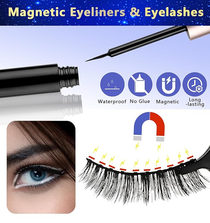 Magnetic Natural Eyelashes, 7 Pairs 10 Magnets Reusable Magnetic Eyelashes with Eyeliner - Different Lengths DIY at Home