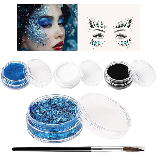 BOBISUKA Halloween Face Paint Kit - Black, White, Blue + Body Glitter Gel + Face Gems - Professional Washable Body Paint for SFX, Cosplay, Party, Stage Performance Makeup