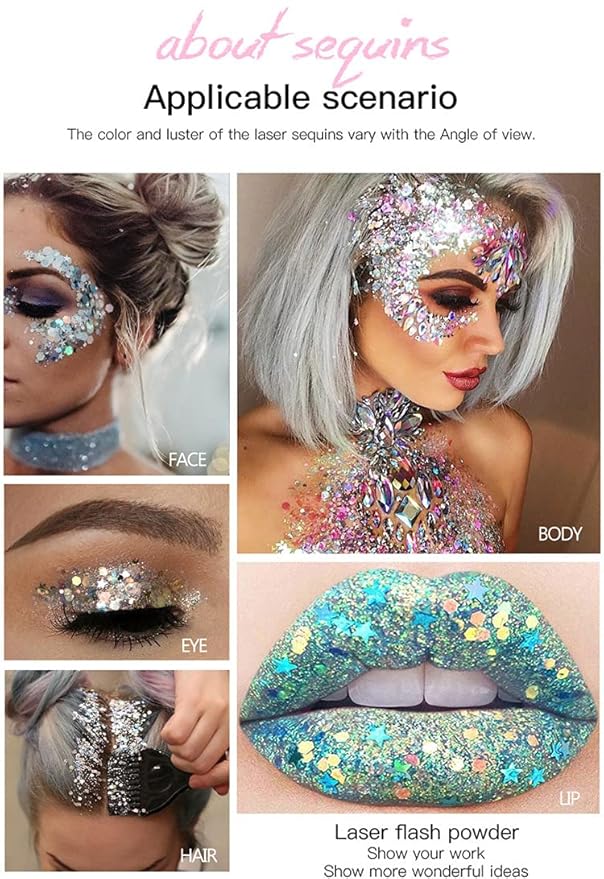 GL-Turelifes 30ml Sequins Chunky Glitter Liquid Eyeshadow Gel Festival Cosmetic Face Hair Nails Makeup Long Lasting Sparkling Easy to Apply, Easy to Remove (#06 Sliver)