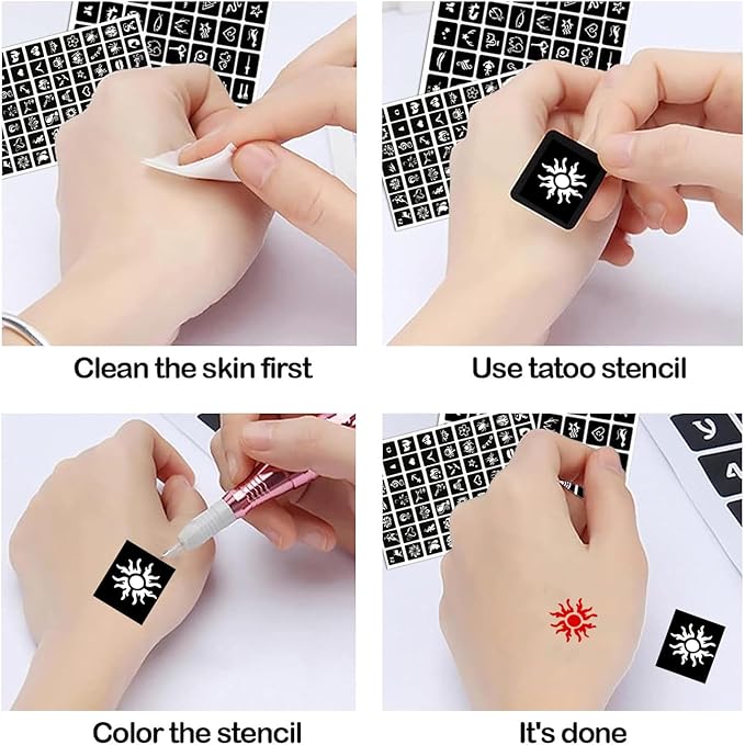 Temporary Tattoo Stencils, 20 Sheets Henna Tattoo Stencil Kit for Women Girls Kids and Boys Face Body Paint DIY Art Reusable Glitter Tattoo Stencils Pack Scorpion Monkey