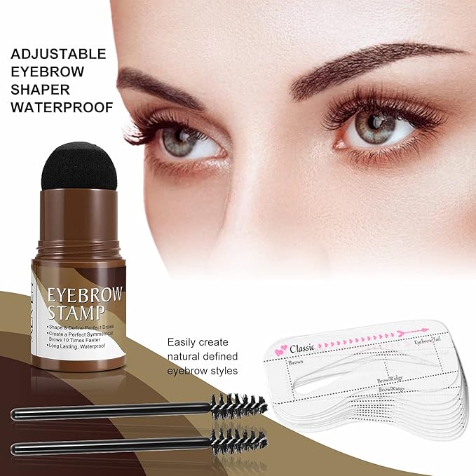 Eyebrow Stamp Stencil Kit – Waterproof Brow Stamp Shaping Kit Eyebrow Definer with 2 Eyebrow Pen Brushes and 10 Eyebrow Buildable Brow Stencils, Natural Shape Brow Powder Makeup Tool (Dark Gray)
