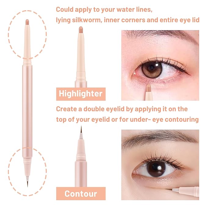 3PC Dual Ended Highlighter Makeup Pen, Glitter & Matte Nude EyeLiner & Eyeshadow, Liquid Contour Liner 2 in 1 Eye Make Up Stick, Mulit-Funtional Long Lasting Lying Silkworm Pencil Set
