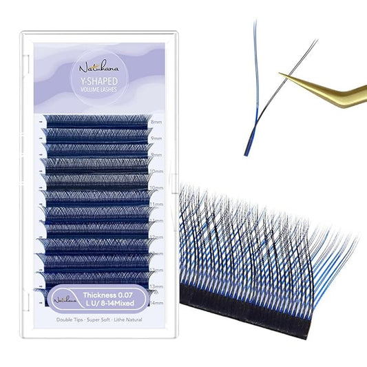 YY Eyelash Extension 0.07mm LU Curl 8-14mm Mixed Tray Lash Supplies Premade Fan Y Shape Volume Lash 12 Rows Premium Faux Mink Lash Extension (8-14 MIX, Black+Blue; 0.07 LU)