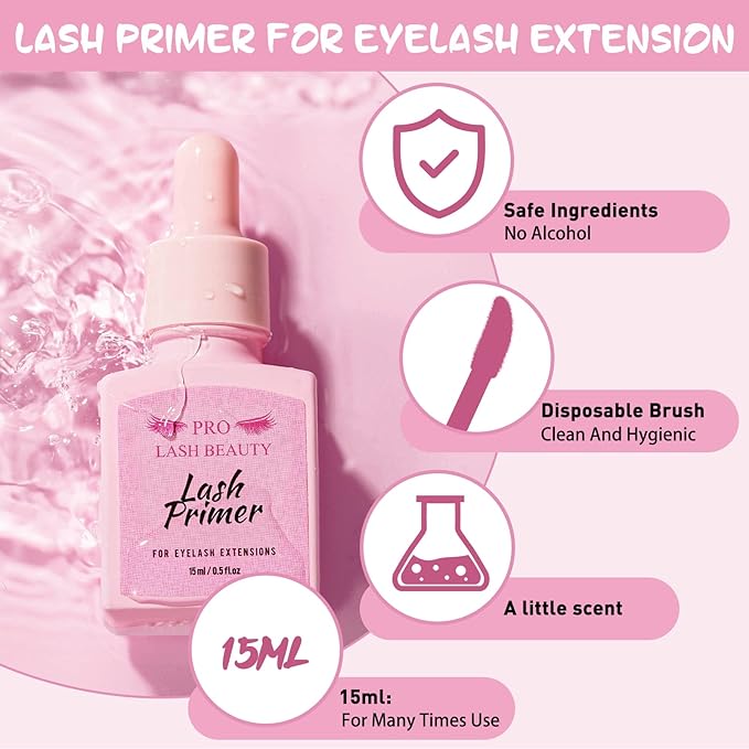 Lash Primer for Eyelash Extensions, 15ML Eyelash Primer, Lash Extension Primer Pre-Treatment Protein Clean Natural Lashes Increase Glue Bonding Retention Special Dropper (Clear, 15ml)
