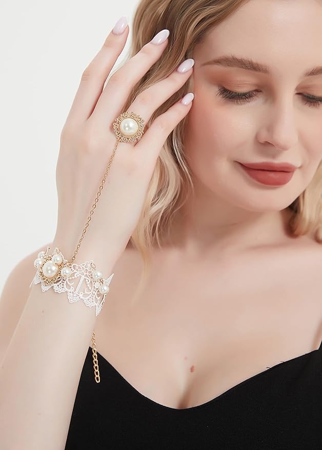 Gothic Pearl Lace Steampunk Wristband Vintage Pearl Pendant Tassel Lace Hand Chain with Finger Ring Lolita Lace Hand Accessories for Women and Girls (Style 2)