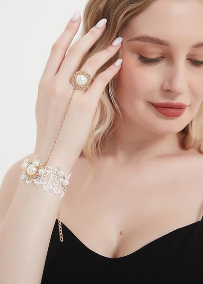 Gothic Pearl Lace Steampunk Wristband Vintage Pearl Pendant Tassel Lace Hand Chain with Finger Ring Lolita Lace Hand Accessories for Women and Girls (Style 2)
