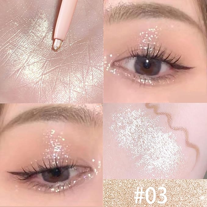 3PC Dual Ended Highlighter Makeup Pen, Glitter & Matte Nude EyeLiner & Eyeshadow, Liquid Contour Liner 2 in 1 Eye Make Up Stick, Mulit-Funtional Long Lasting Lying Silkworm Pencil Set