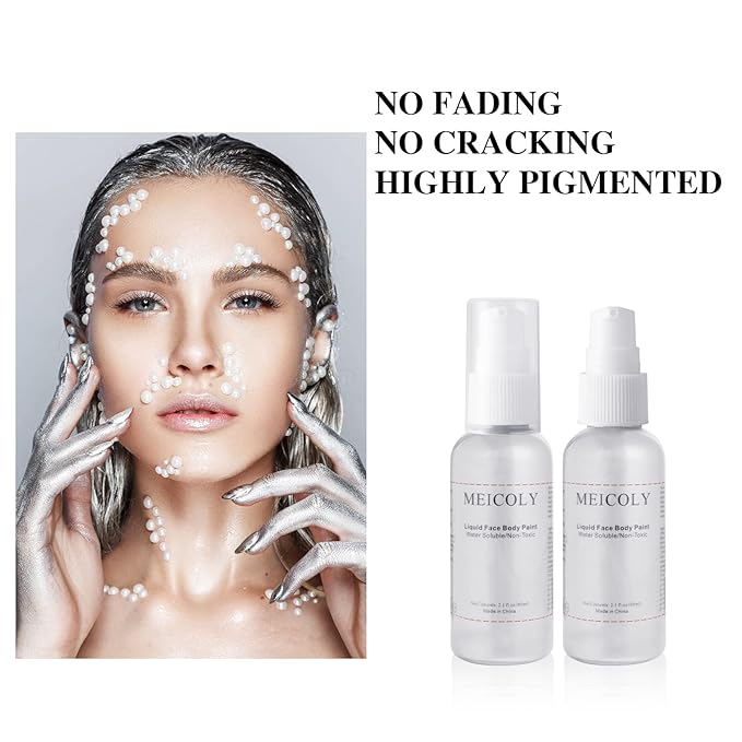 MEICOLY Metallic Silver Face Body Paint,2.1Oz Smudge-proof Silver Face Paint for Halloween Tin Man SFX Cosplay Makeup,Water Based Washable Full Body Paint for Adults and Kids