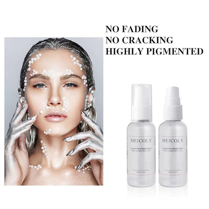 MEICOLY Metallic Silver Face Body Paint,2.1Oz Smudge-proof Silver Face Paint for Halloween Tin Man SFX Cosplay Makeup,Water Based Washable Full Body Paint for Adults and Kids