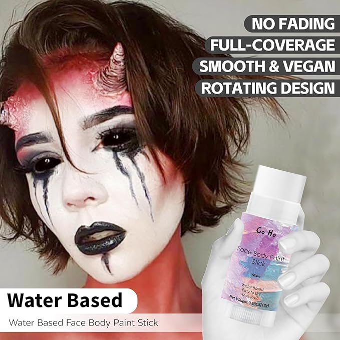 Go Ho Water-Based Clown White Face Paint Stick, Cream to Powder Face Painting, Easy-to-use Body Paint for Halloween SFX Zombie Skeleton Vampire Clown Cosplay Costume Makeup, 0.63oz
