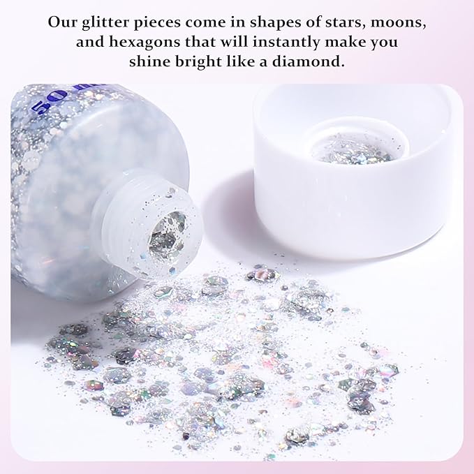 Long Lasting Silver Body Glitter Holographic Sparkling Cosmetic Grade Chunky Glitter for Face Hair (Silver)