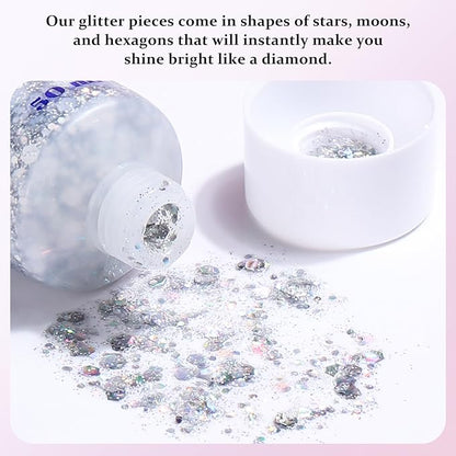 Long Lasting Silver Body Glitter Holographic Sparkling Cosmetic Grade Chunky Glitter for Face Hair (Silver)