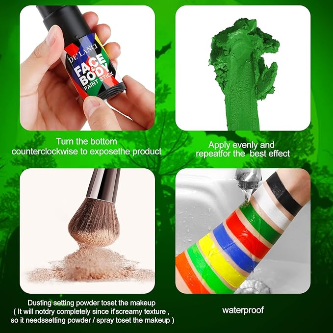 Green Face Body Paint Stick for Camo Witch Halloween Makeup, DE’LANCI Cream Blendable Body Painting Sticks, SFX Special Effects Cosplay Costume Clown Stage Party Face Paints For Hunting
