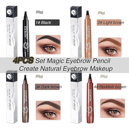 2024 Magic Eyebrow Pencil, 4PCS 4Color Waterproof 3D Microblading Eyebrow Pencil Contouring Pen, 4-Tip Microblade Eyebrow Pen, Microblading 4 Fork Tip Eyebrow Tattoo Pencil for Women and Girl (4Color)