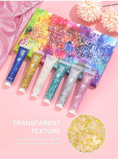 Pop Eye Shadow Sequin Cream Face Body Glitter Polarized Sequin Cream High Light Dazzle Color Brightening Set Stage Makeup， 6-Color Suit