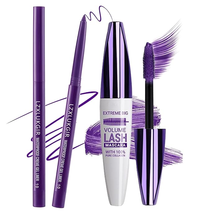 Purple Volumizing Mascara&Eyeliner Set,5D Length Colored Mascara,Long-Lasting&Smudge-Proof No Clumping,Longwear Fiber Waterproof Mascara for Women Eye Makeup