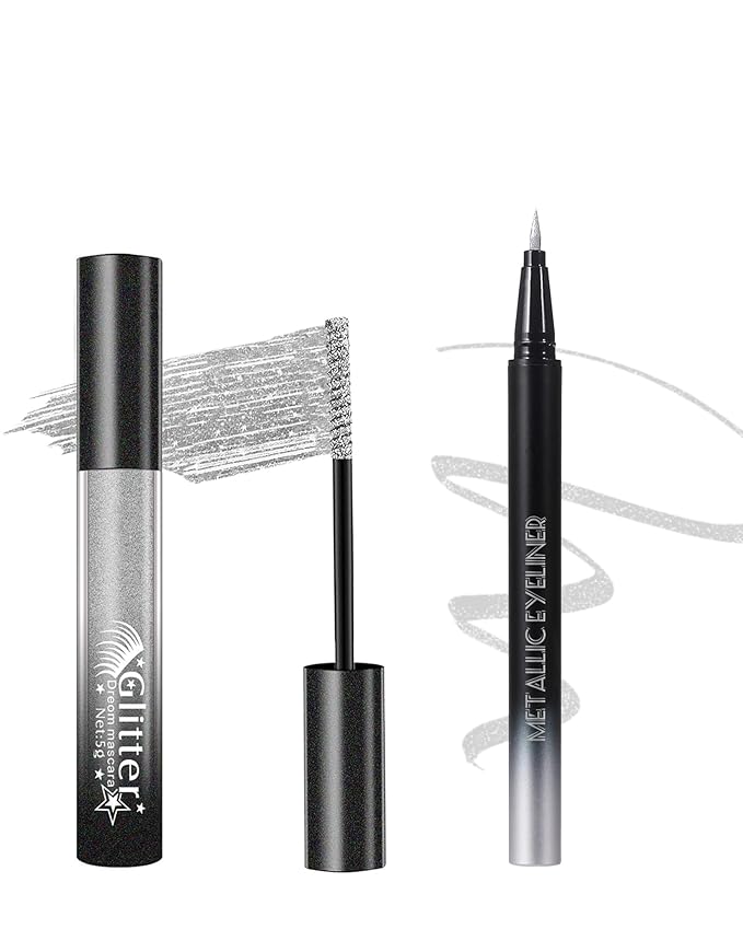 Silver Glitter Mascara and Liquid Eyeliner Pen Waterproof, Metallic Colored Shimmer Lash Mascara Volume and Length &Eye Liner for Women Volumizing Long Lasting Eye Makeup-Set A