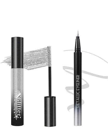 Silver Glitter Mascara and Liquid Eyeliner Pen Waterproof, Metallic Colored Shimmer Lash Mascara Volume and Length &Eye Liner for Women Volumizing Long Lasting Eye Makeup-Set A