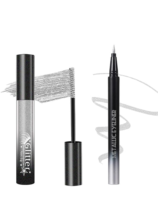 Silver Glitter Mascara and Liquid Eyeliner Pen Waterproof, Metallic Colored Shimmer Lash Mascara Volume and Length &Eye Liner for Women Volumizing Long Lasting Eye Makeup-Set A