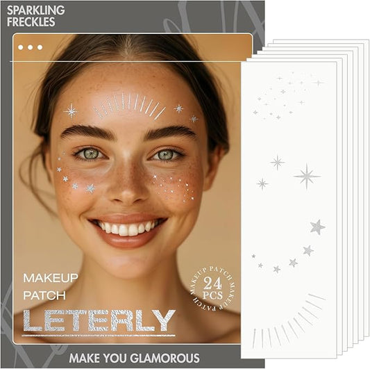 24 Pcs Glitter Freckles Face Tattoo,Silver Face Glitter Makeup Patches Cute Sparkle Freckles Patches Waterproof Makeup Speckles for Face Accessories for Women Girls