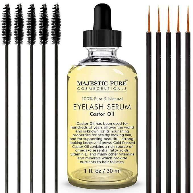 Majestic Pure Castor Oil Eyelash Serum - with Apple & Argan Stem Cells - Eyelash Growth Serum for longer thicker Eyelashes, Eyebrows & Hair - Free Set of Mascara Brush & Eyeliner Applicator - 1 fl oz