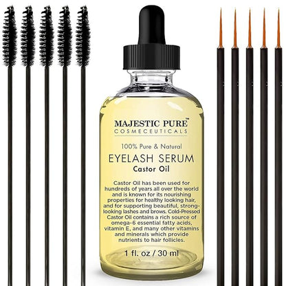 Majestic Pure Castor Oil Eyelash Serum - with Apple & Argan Stem Cells - Eyelash Growth Serum for longer thicker Eyelashes, Eyebrows & Hair - Free Set of Mascara Brush & Eyeliner Applicator - 1 fl oz