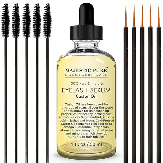 Majestic Pure Castor Oil Eyelash Serum - with Apple & Argan Stem Cells - Eyelash Growth Serum for longer thicker Eyelashes, Eyebrows & Hair - Free Set of Mascara Brush & Eyeliner Applicator - 1 fl oz