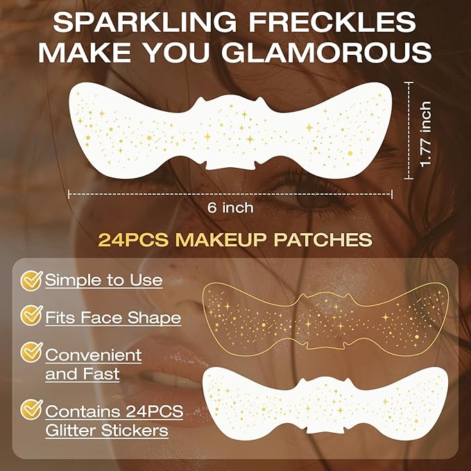 24 Pcs Glitter Freckles Face Tattoo,Gold Face Glitter Makeup Patches Cute Sparkle Freckles Patches Waterproof Makeup Speckles for Face Accessories for Women Girls