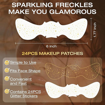 24 Pcs Glitter Freckles Face Tattoo,Gold Face Glitter Makeup Patches Cute Sparkle Freckles Patches Waterproof Makeup Speckles for Face Accessories for Women Girls