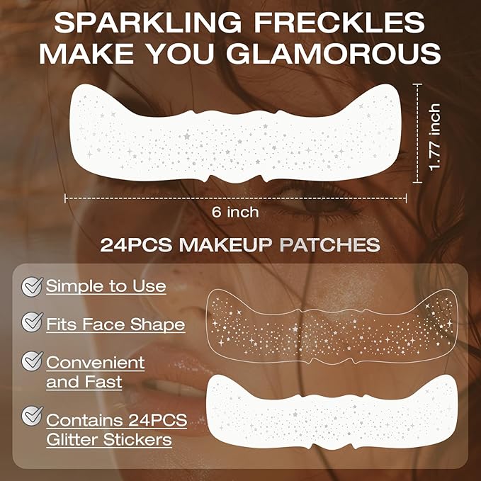 24 Pcs Glitter Freckles Face Tattoo,Silver Face Glitter Makeup Patches Cute Sparkle Freckles Patches Waterproof Makeup Speckles for Face Accessories for Women Girls