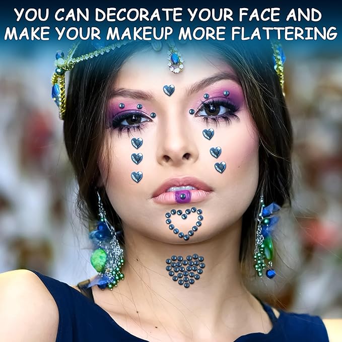 3 Sheets Face Gems Jewels Self Adhesive Rhinestones Gems for Face Eyes Makeup Hair Body Stick on Rhinestones Stickers for Valentine Festival Decal Decor(Light Blue)