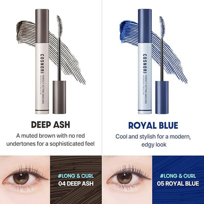 COSNORI Perfect Setting Waterproof Mascara Long&Curl 02 Cozy Brown – Long Lasting Smudge - Brown Mascara - Soft Definition for Blue & Green Eyes - K Beauty - 0.23fl oz (7ml)