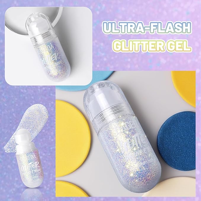 DAGEDA 2Colors Roll-on Body Glitter Gel for Body, Hair, Face, Holographic Glitter Makeup for Rave Accessories, Body Shimmer Hair Glitter Gel for Halloween Makeup(Pink + Ocean Glow)