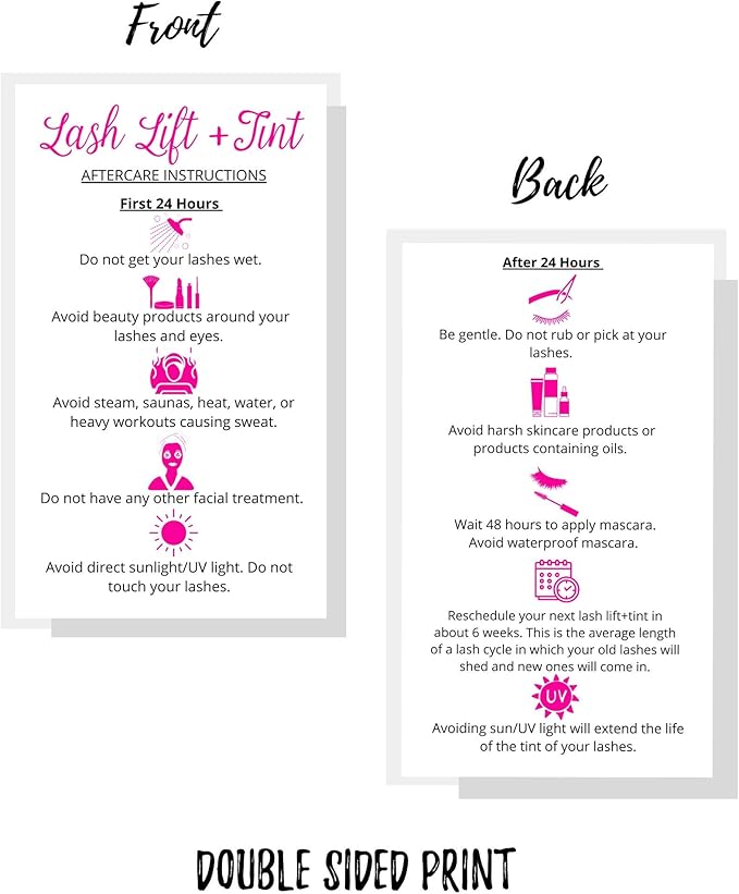 Lash Lift + Tint Aftercare Instruction Cards | 50 Pack | 2 x 3.5” inches Business Card Size | Eyelash Lift and Tint Kit at Home DIY aftercare Supplies | White with Pink Icon Design