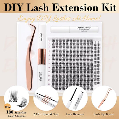 Lash Extensions Kit with 180 PCS Individual Lash Clusters, Eyelash Tweezers for Lash Extensions, Lash Bond and Seal Waterproof, Clusters Lash Glue Remover Easy to Apply at Home