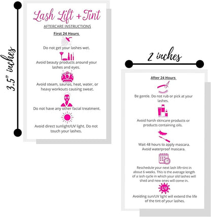 Lash Lift + Tint Aftercare Instruction Cards | 50 Pack | 2 x 3.5” inches Business Card Size | Eyelash Lift and Tint Kit at Home DIY aftercare Supplies | White with Pink Icon Design