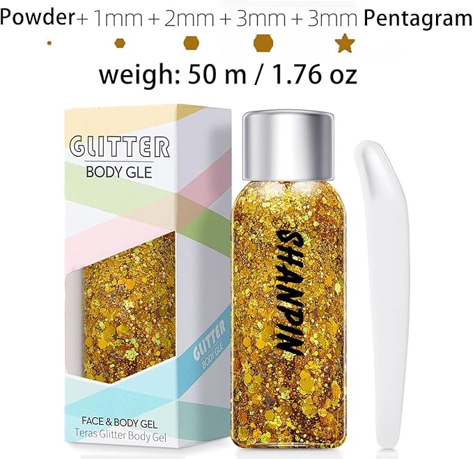 SHANPIN Gold Body Glitter, Chunky Glitter Gel Makeup for Face Hair Nails, Sparkling Mermaid Sequins for Women Face Body Glitter Gel, Glitter Face Paint for Women Rave Festival